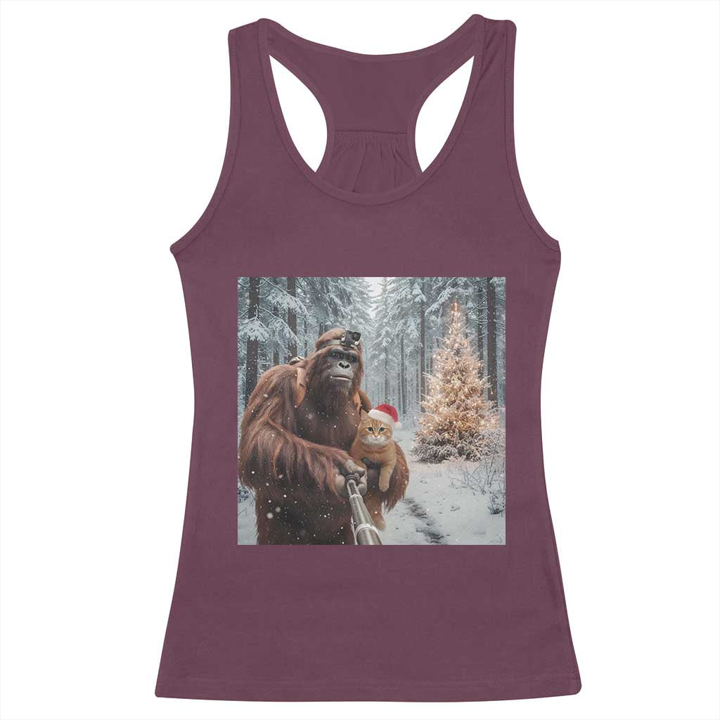 Funny Bigfoot With Cat Selfie Christmas Racerback Tank Top - Wonder Print Shop