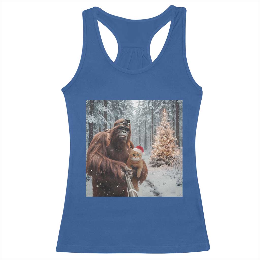 Funny Bigfoot With Cat Selfie Christmas Racerback Tank Top - Wonder Print Shop