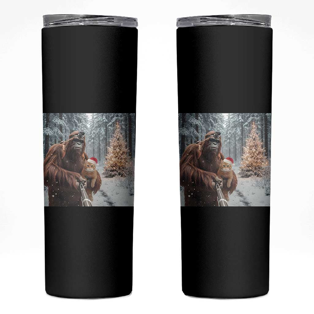 Funny Bigfoot With Cat Selfie Christmas Skinny Tumbler - Wonder Print Shop