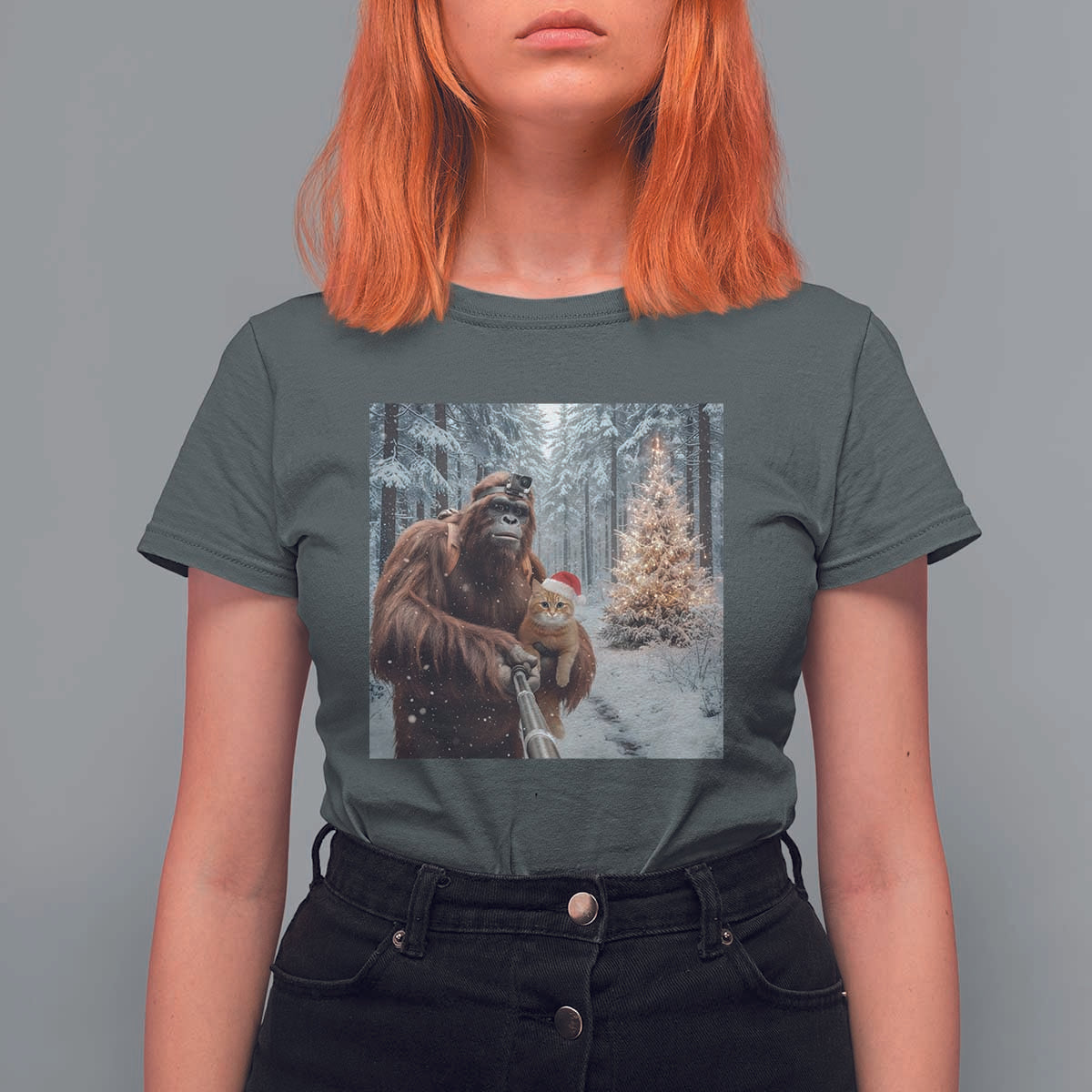 Funny Bigfoot With Cat Selfie Christmas T Shirt For Women - Wonder Print Shop