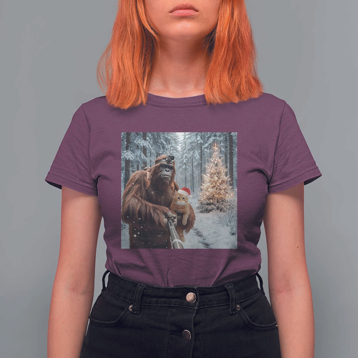 Funny Bigfoot With Cat Selfie Christmas T Shirt For Women - Wonder Print Shop