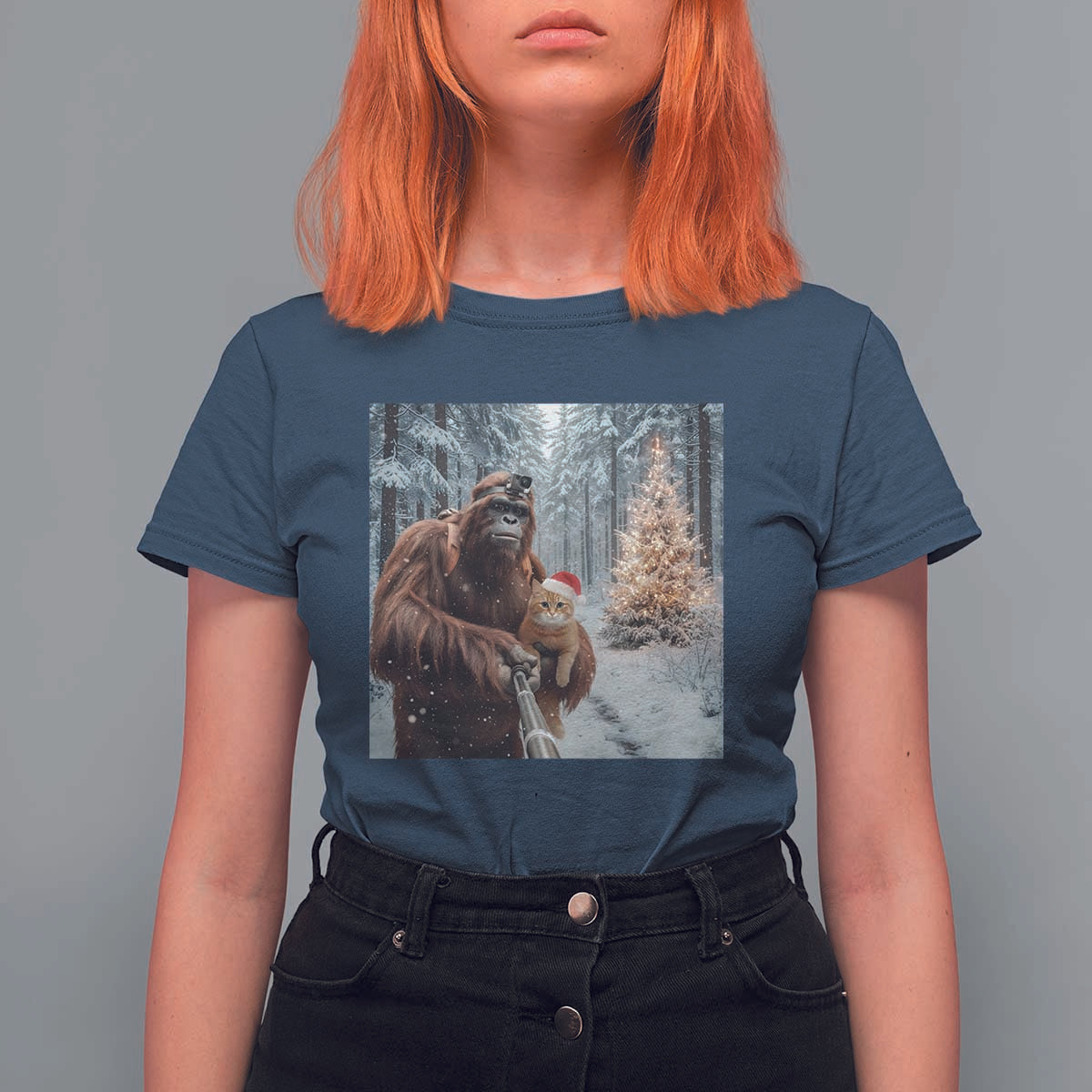 Funny Bigfoot With Cat Selfie Christmas T Shirt For Women - Wonder Print Shop