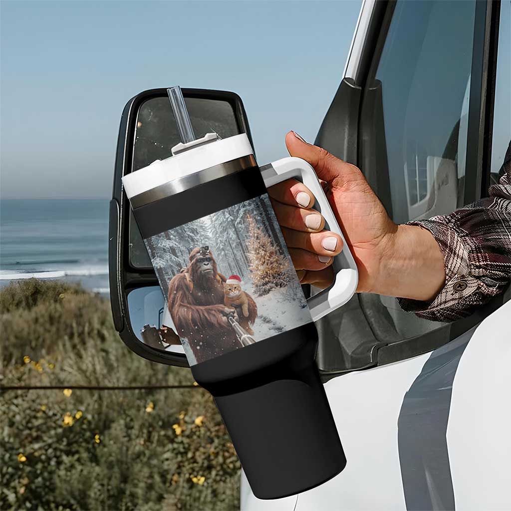 Funny Bigfoot With Cat Selfie Christmas Tumbler With Handle - Wonder Print Shop