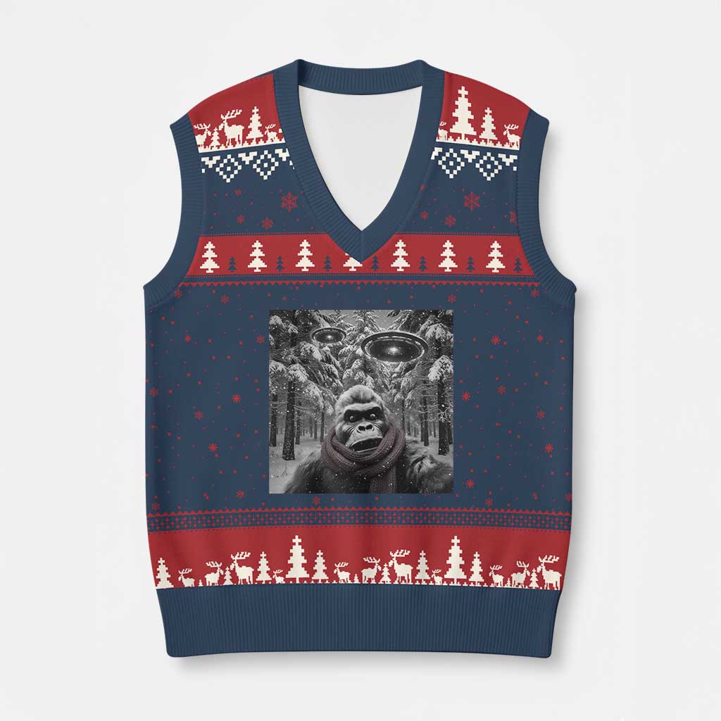 Funny Bigfoot Selfie V-Neck Knit Sweater Vest Sasquatch Alien UFO Xmas - Wonder Print Shop