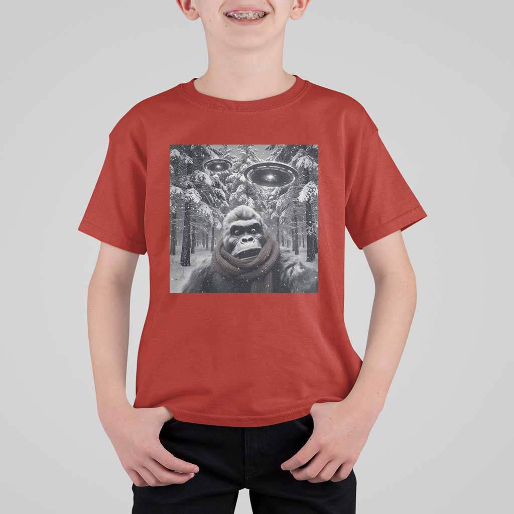 Funny Bigfoot Selfie T Shirt For Kid Sasquatch Alien UFO Christmas - Wonder Print Shop