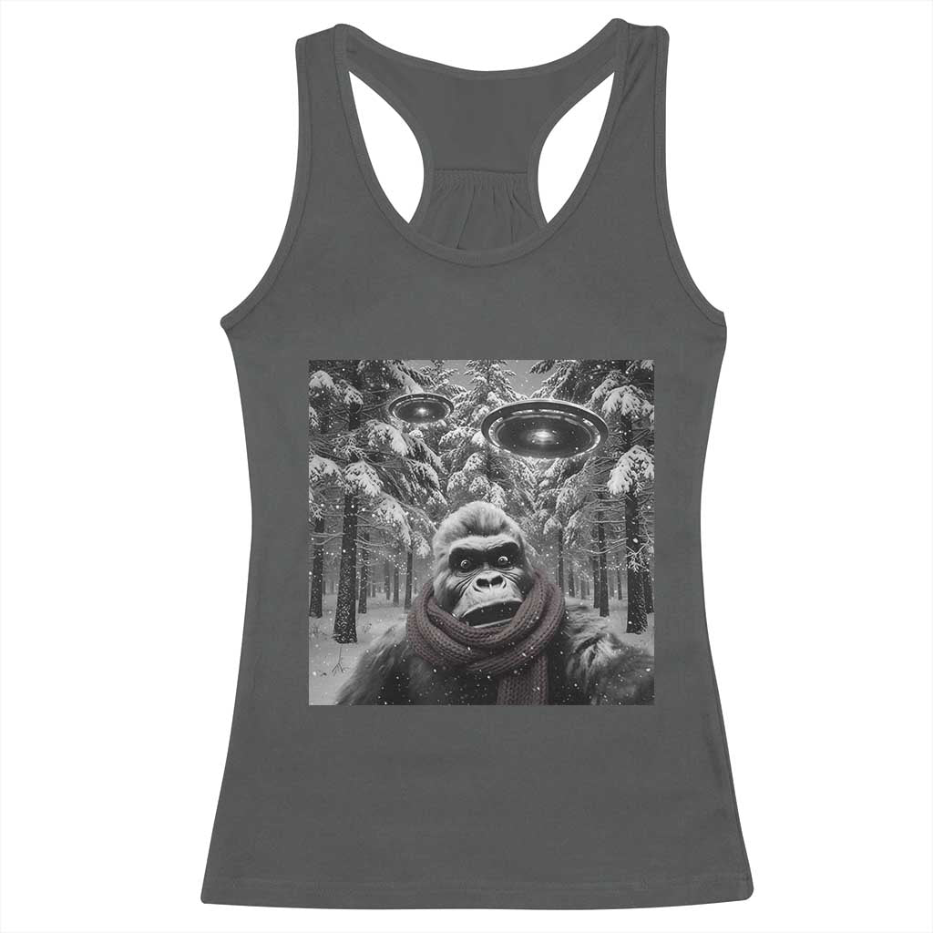 Funny Bigfoot Selfie Racerback Tank Top Sasquatch Alien UFO Christmas - Wonder Print Shop