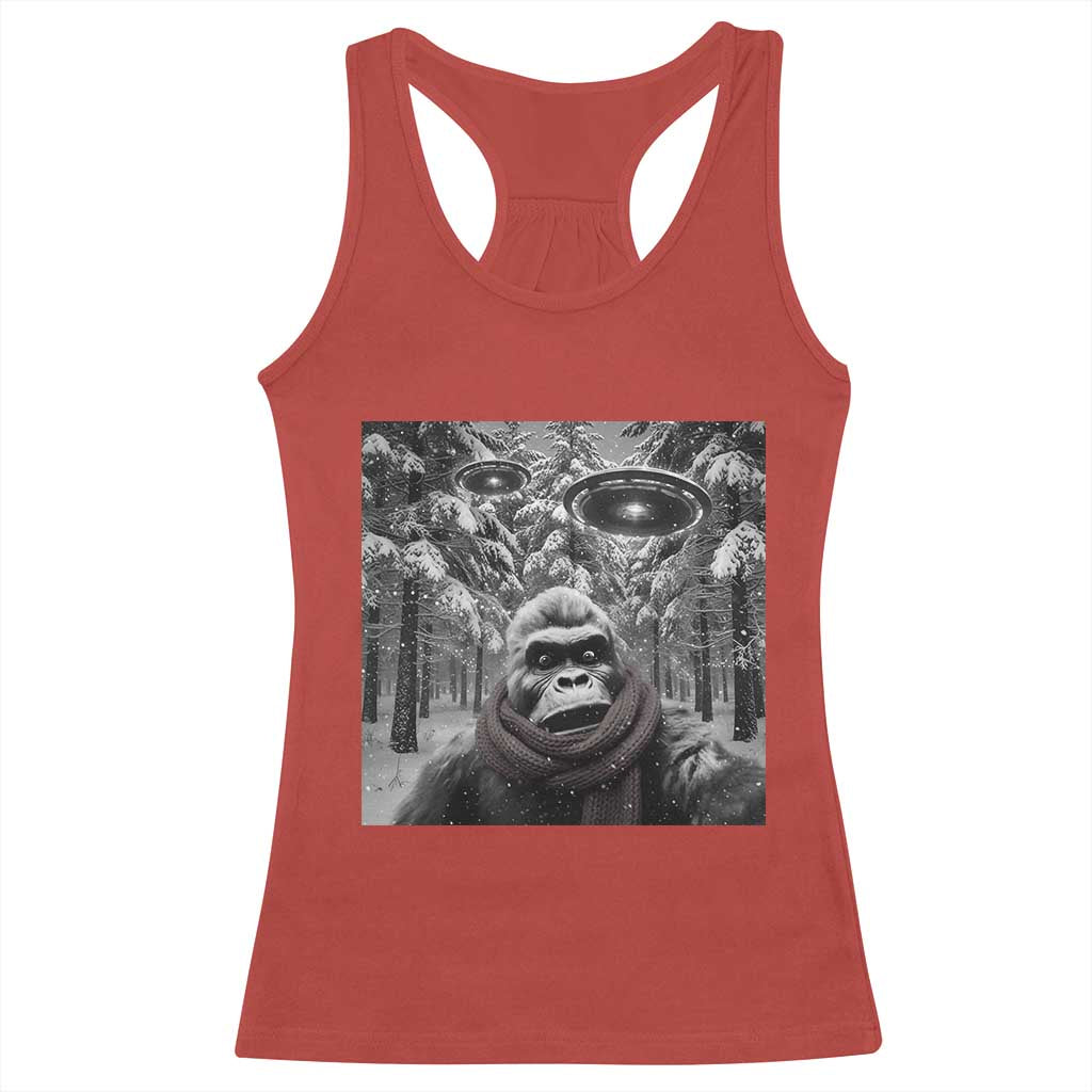 Funny Bigfoot Selfie Racerback Tank Top Sasquatch Alien UFO Christmas - Wonder Print Shop