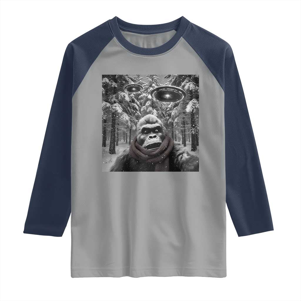 Funny Bigfoot Selfie Raglan Shirt Sasquatch Alien UFO Christmas - Wonder Print Shop