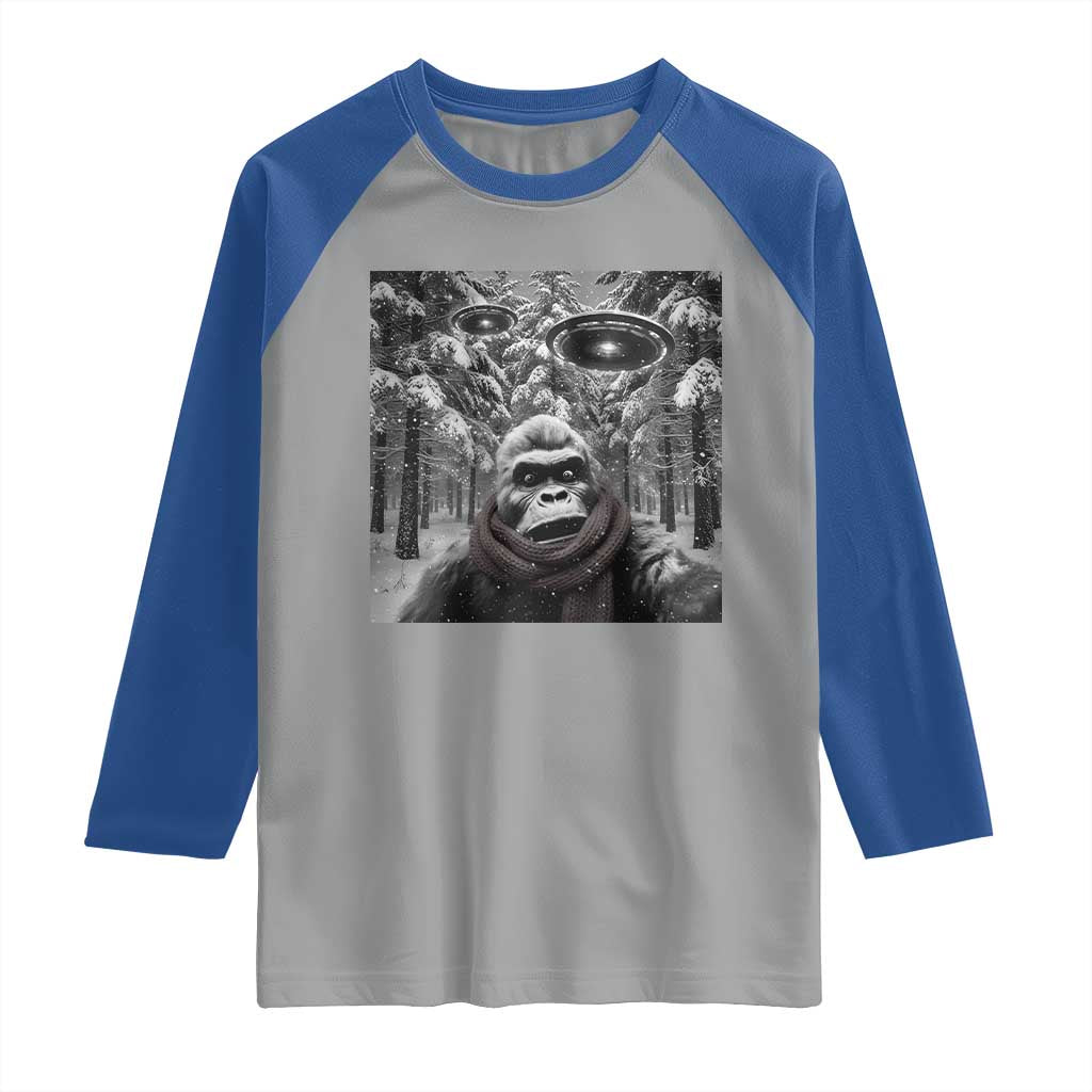Funny Bigfoot Selfie Raglan Shirt Sasquatch Alien UFO Christmas - Wonder Print Shop