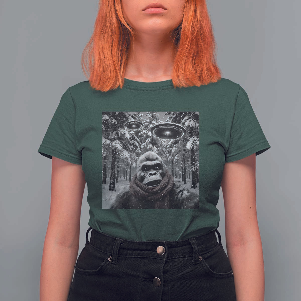 Funny Bigfoot Selfie T Shirt For Women Sasquatch Alien UFO Christmas - Wonder Print Shop