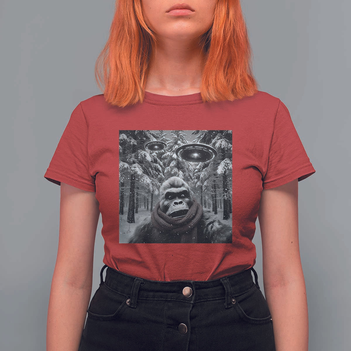 Funny Bigfoot Selfie T Shirt For Women Sasquatch Alien UFO Christmas - Wonder Print Shop
