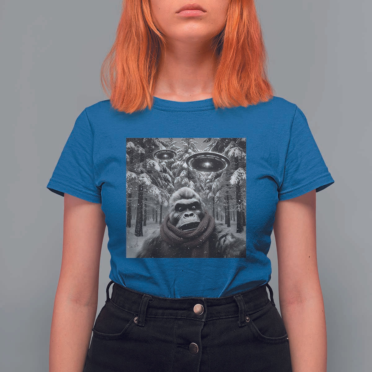 Funny Bigfoot Selfie T Shirt For Women Sasquatch Alien UFO Christmas - Wonder Print Shop