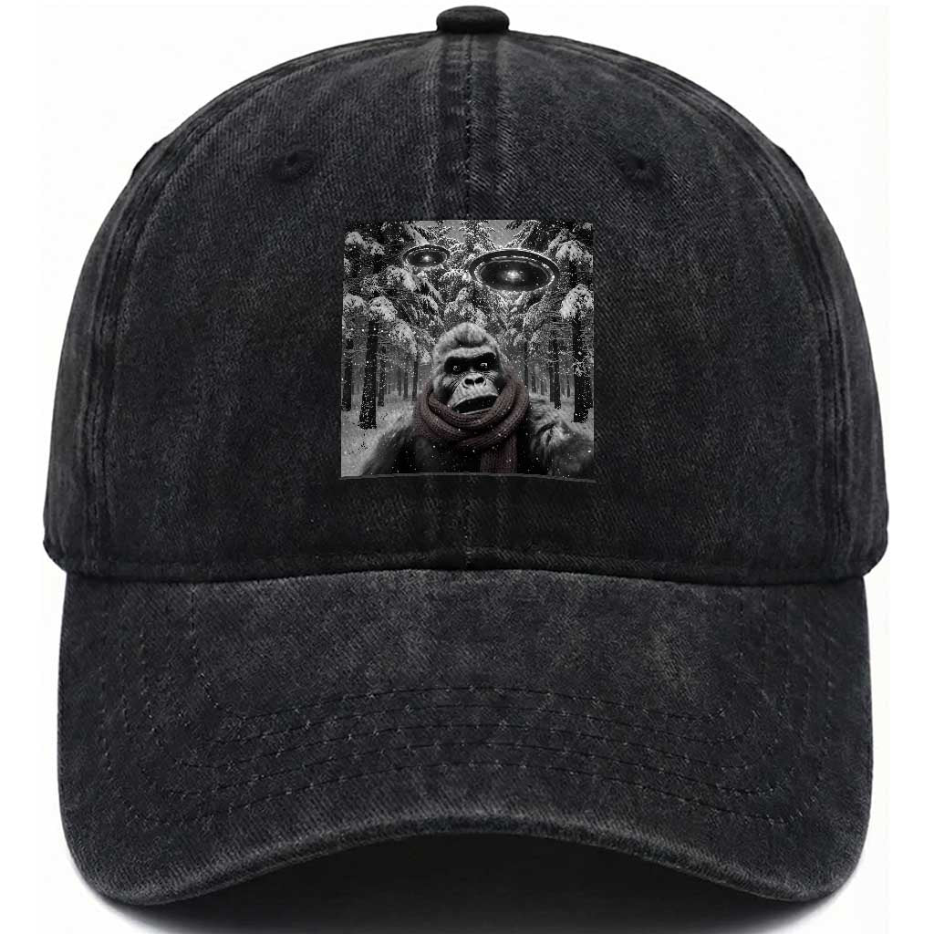 Funny Bigfoot Selfie Washed Cotton Baseball Cap Sasquatch Alien UFO Christmas