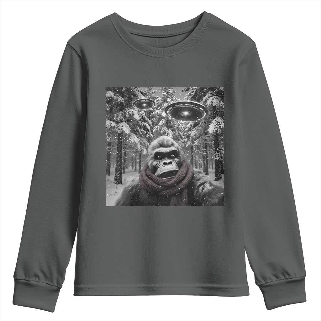 Funny Bigfoot Selfie Youth Sweatshirt Sasquatch Alien UFO Christmas - Wonder Print Shop