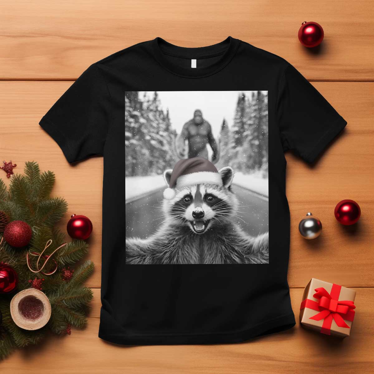 Funny Racoon With Bigfoot Selfie Christmas T Shirt - Wonder Print Shop