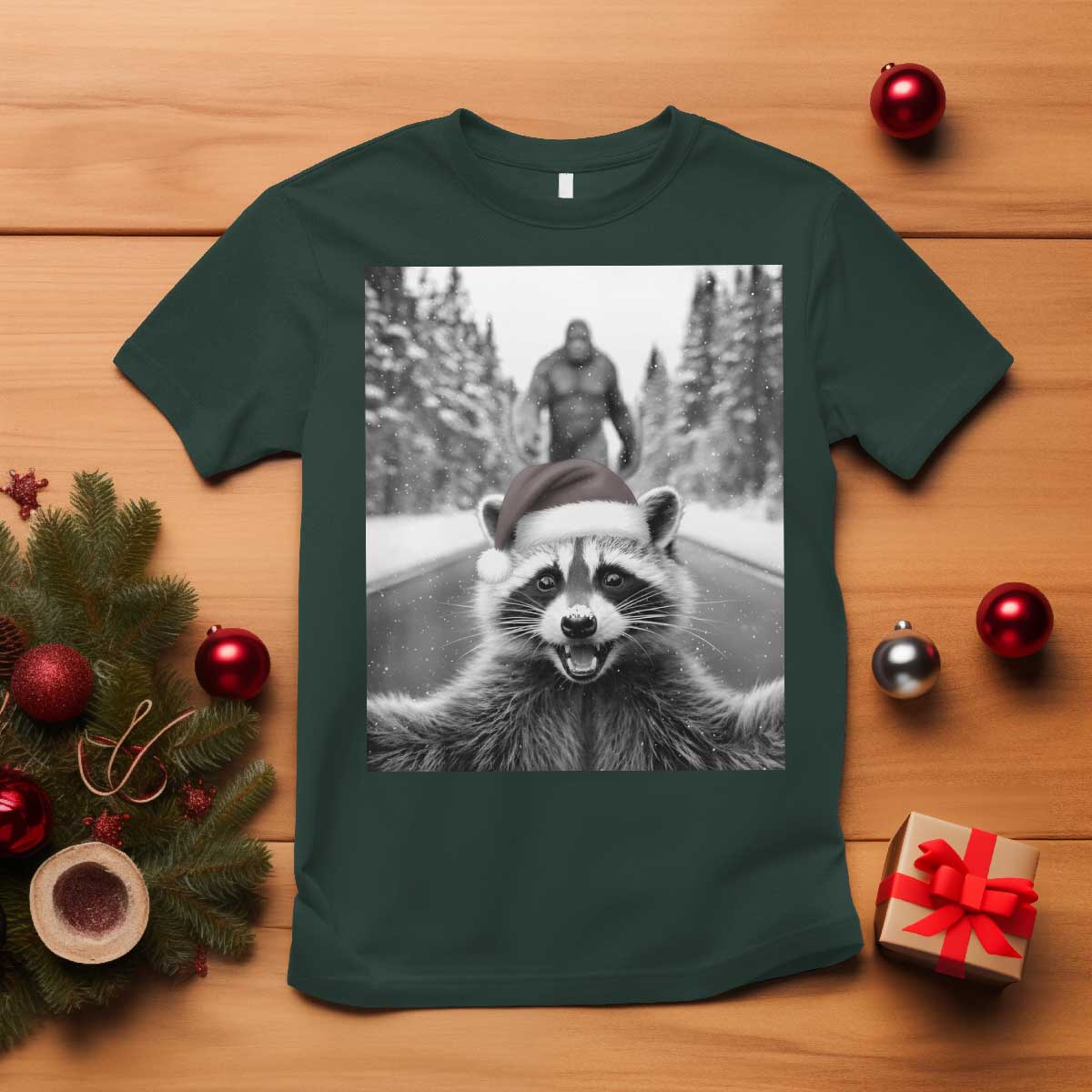 Funny Racoon With Bigfoot Selfie Christmas T Shirt - Wonder Print Shop