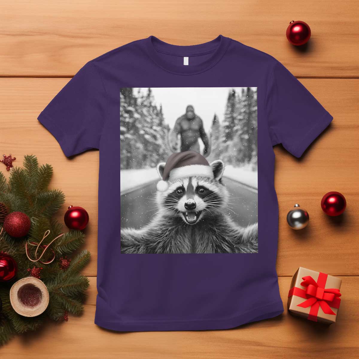 Funny Racoon With Bigfoot Selfie Christmas T Shirt - Wonder Print Shop