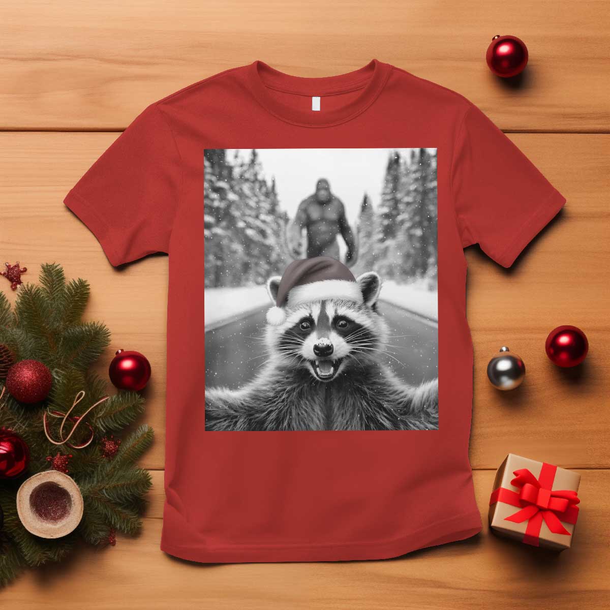 Funny Racoon With Bigfoot Selfie Christmas T Shirt - Wonder Print Shop
