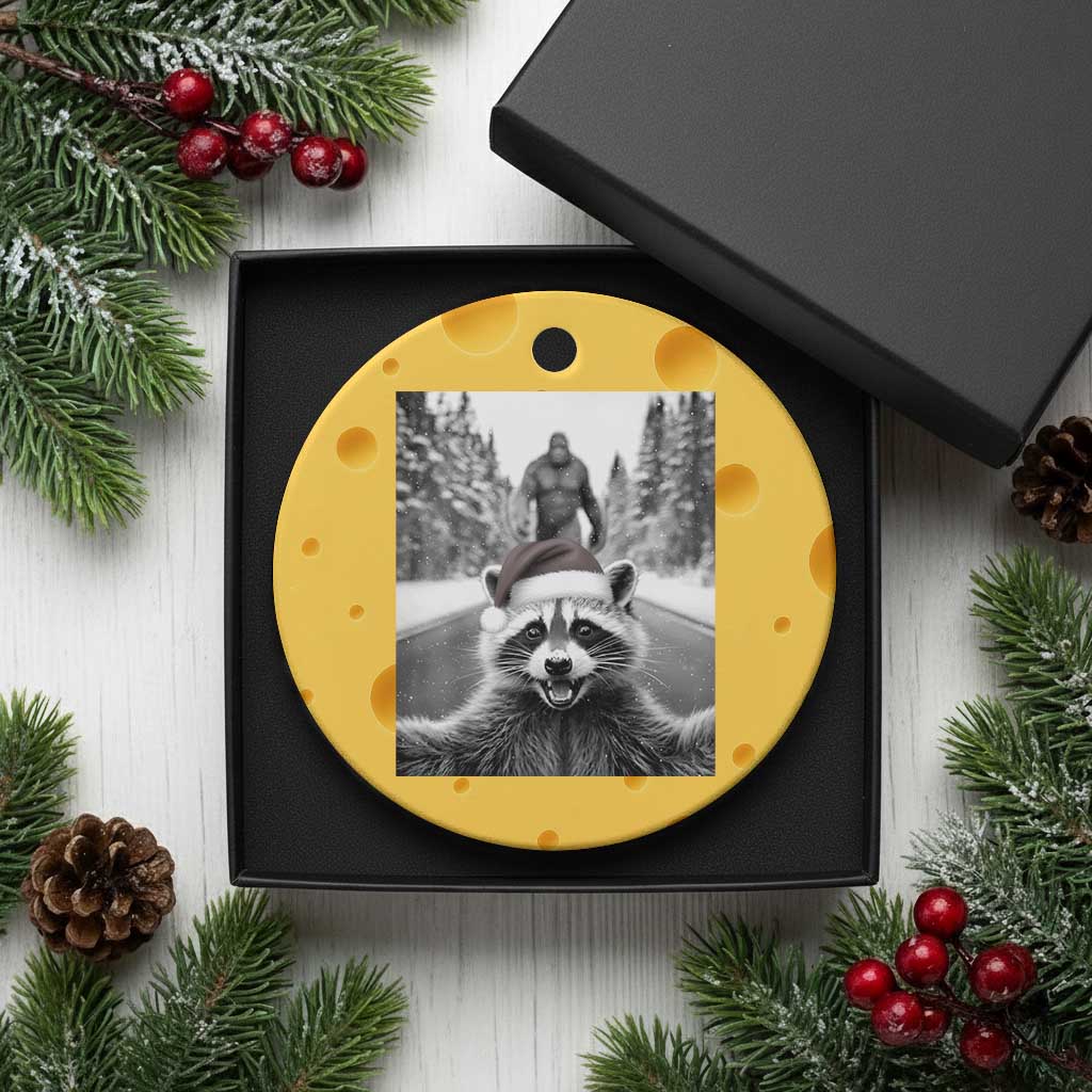 Funny Racoon With Bigfoot Selfie Xmas Ceramic Ornament - Wonder Print Shop