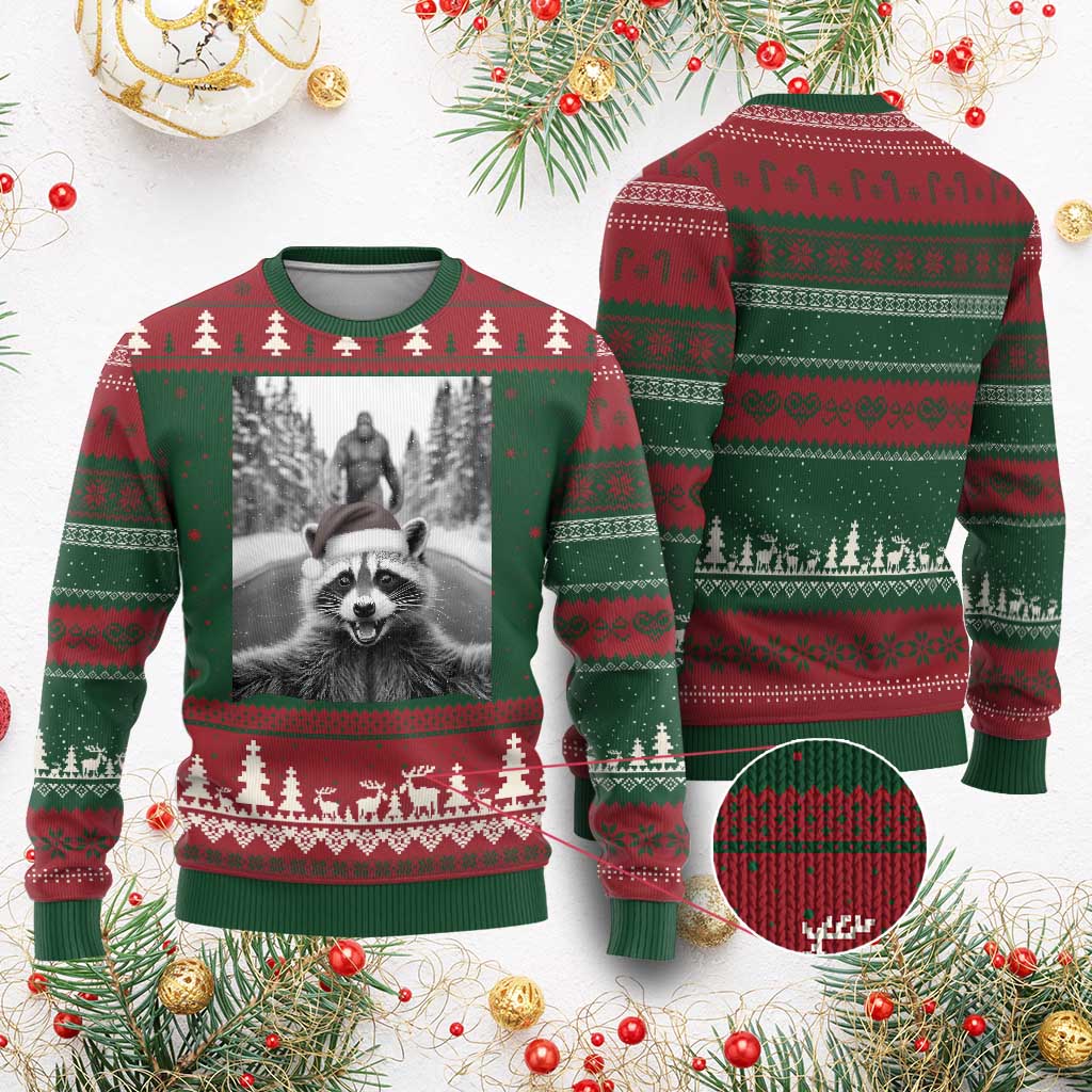 Funny Racoon With Bigfoot Selfie Xmas Ugly Christmas Sweater - Wonder Print Shop