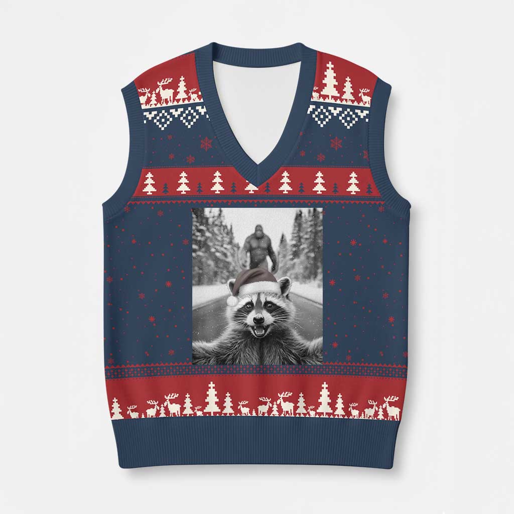 Funny Racoon With Bigfoot Selfie Xmas V-Neck Knit Sweater Vest - Wonder Print Shop