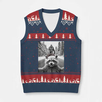 Funny Racoon With Bigfoot Selfie Xmas V-Neck Knit Sweater Vest - Wonder Print Shop