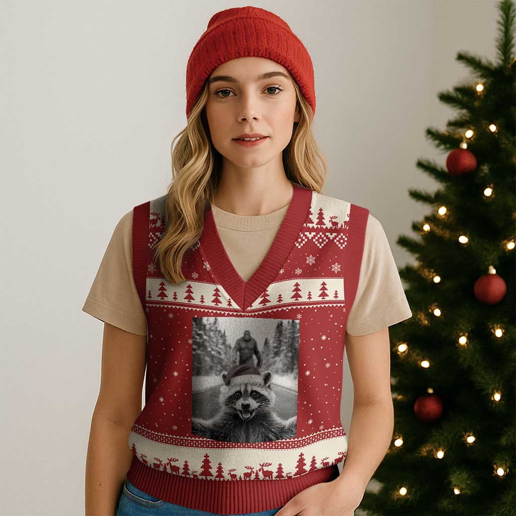 Funny Racoon With Bigfoot Selfie Xmas V-Neck Knit Sweater Vest - Wonder Print Shop
