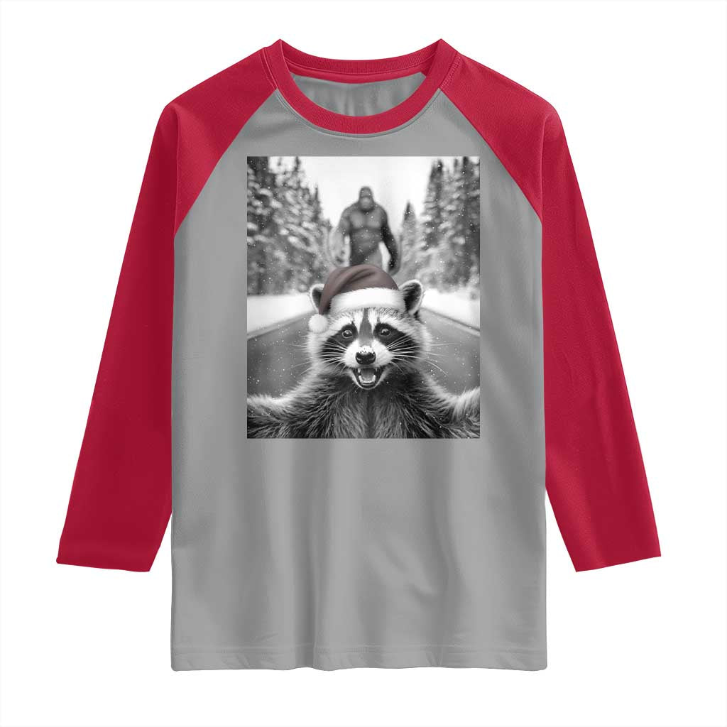 Funny Racoon With Bigfoot Selfie Christmas Raglan Shirt - Wonder Print Shop