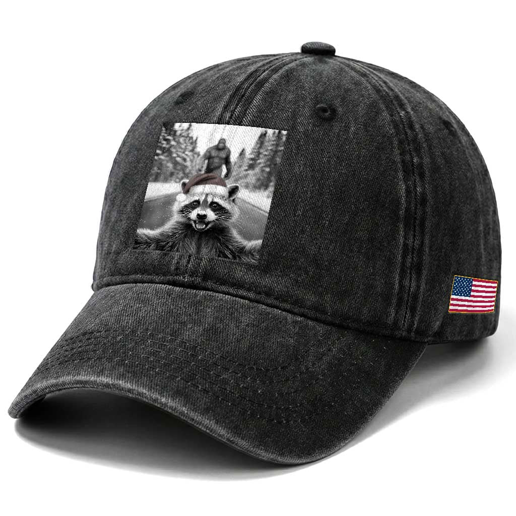 Funny Racoon With Bigfoot Selfie Christmas Washed Cotton Baseball Cap