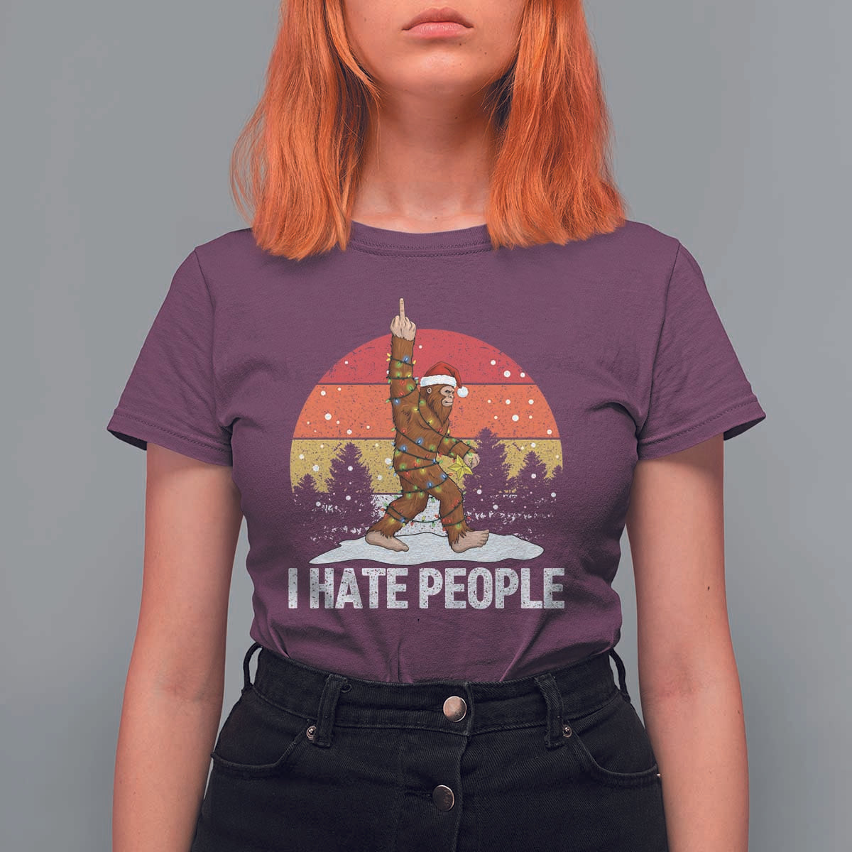 Funny Bigfoot Christmas T Shirt For Women I Hate People - Wonder Print Shop