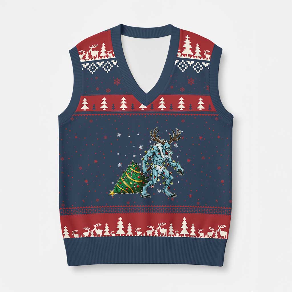 Wendigo Monster V-Neck Knit Sweater Vest Cryptid Mythical Xmas - Wonder Print Shop
