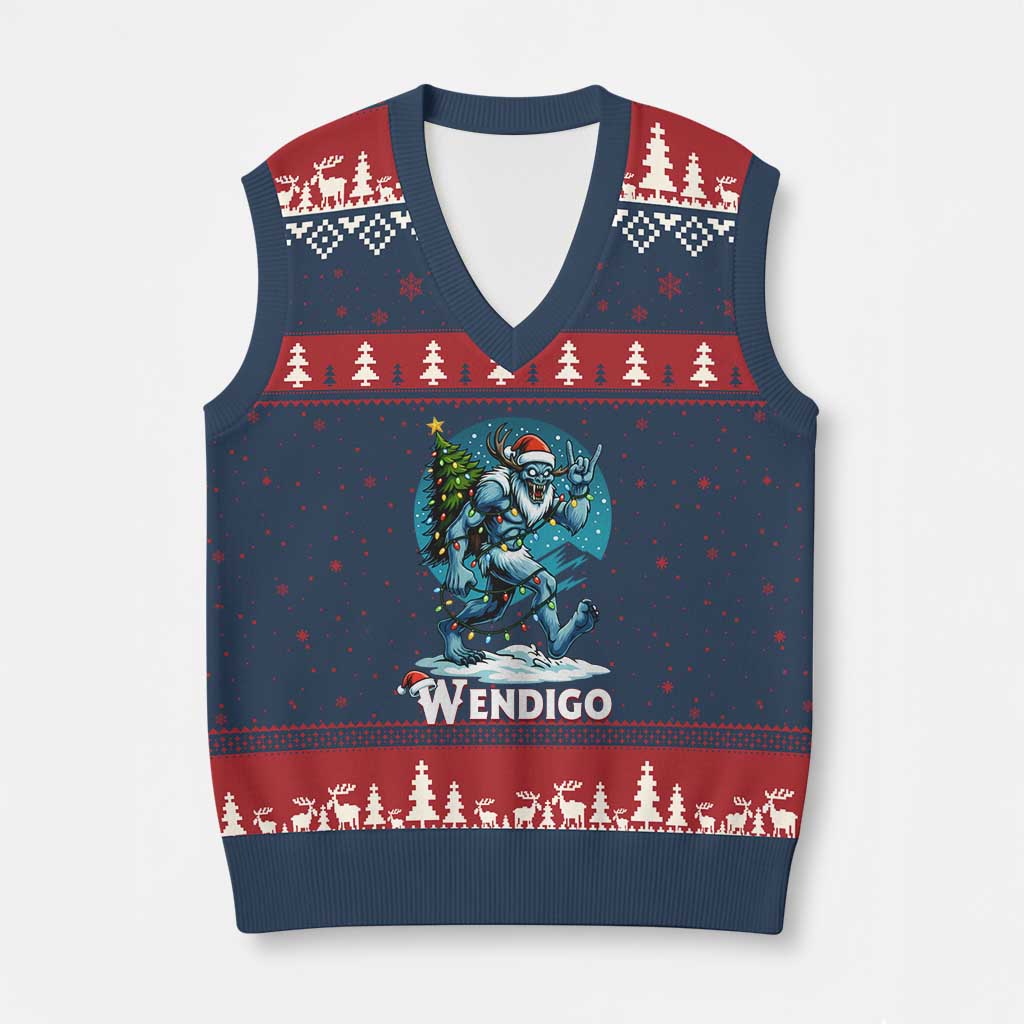 Funny Wendigo Monster Xmas V-Neck Knit Sweater Vest Rock On Hand Meme Xmas - Wonder Print Shop