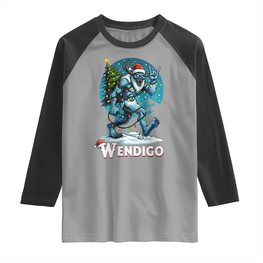 Funny Wendigo Monster Christmas Raglan Shirt Rock On Hand Meme Xmas - Wonder Print Shop
