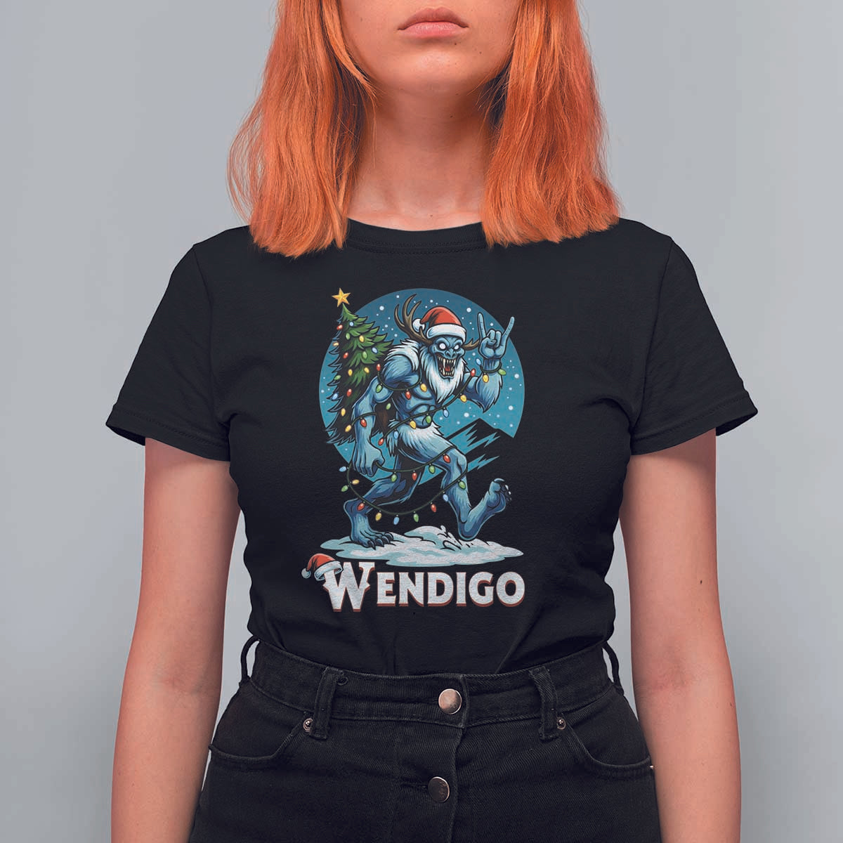 Funny Wendigo Monster Christmas T Shirt For Women Rock On Hand Meme Xmas - Wonder Print Shop