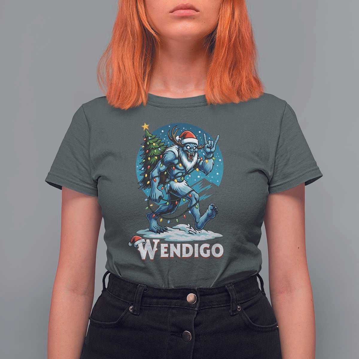 Funny Wendigo Monster Christmas T Shirt For Women Rock On Hand Meme Xmas - Wonder Print Shop