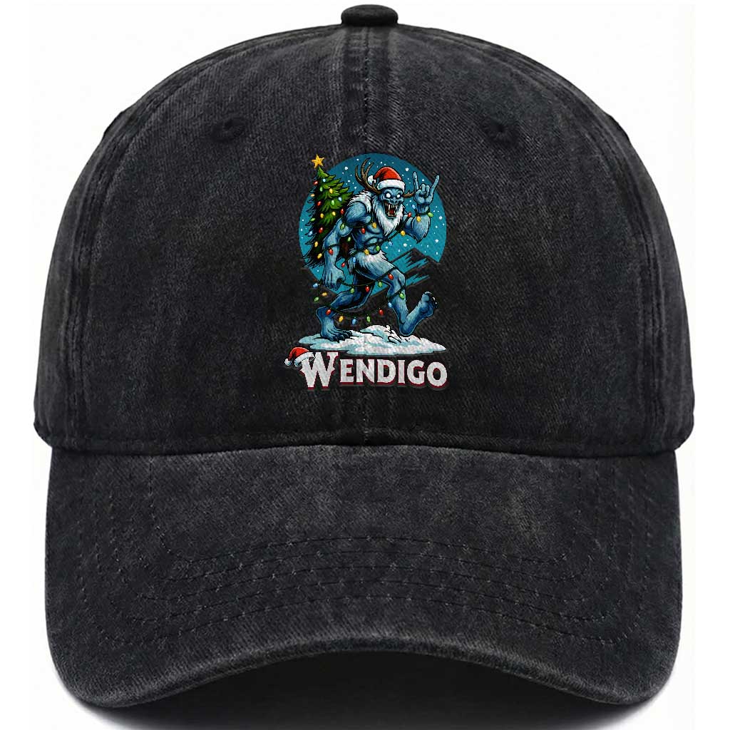 Funny Wendigo Monster Christmas Washed Cotton Baseball Cap Rock On Hand Meme Xmas