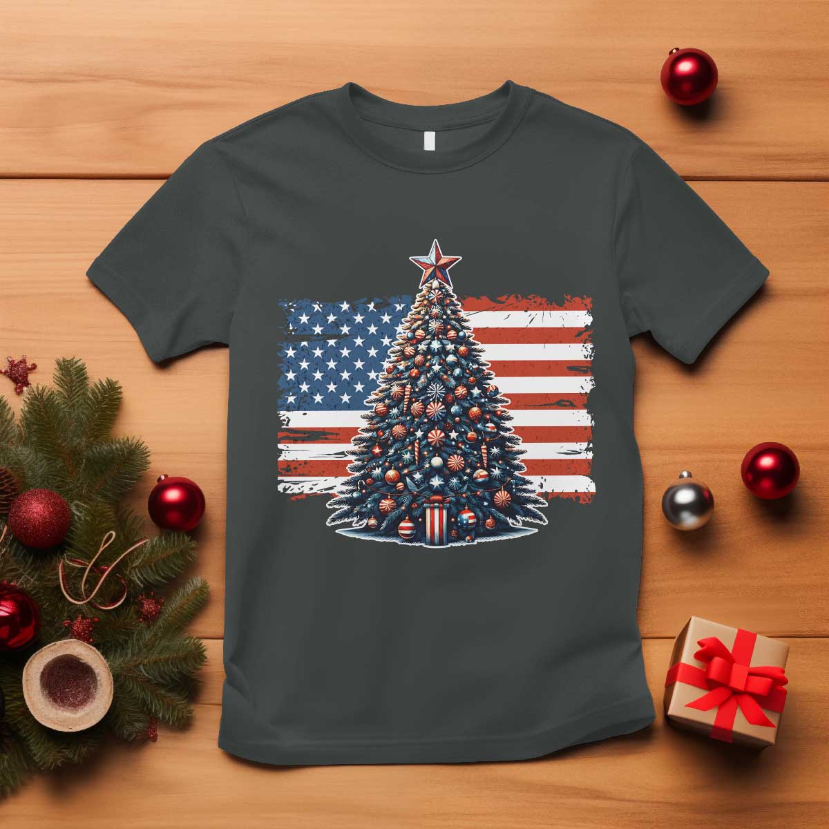 Patriotic American Flag Christmas T Shirt - Wonder Print Shop