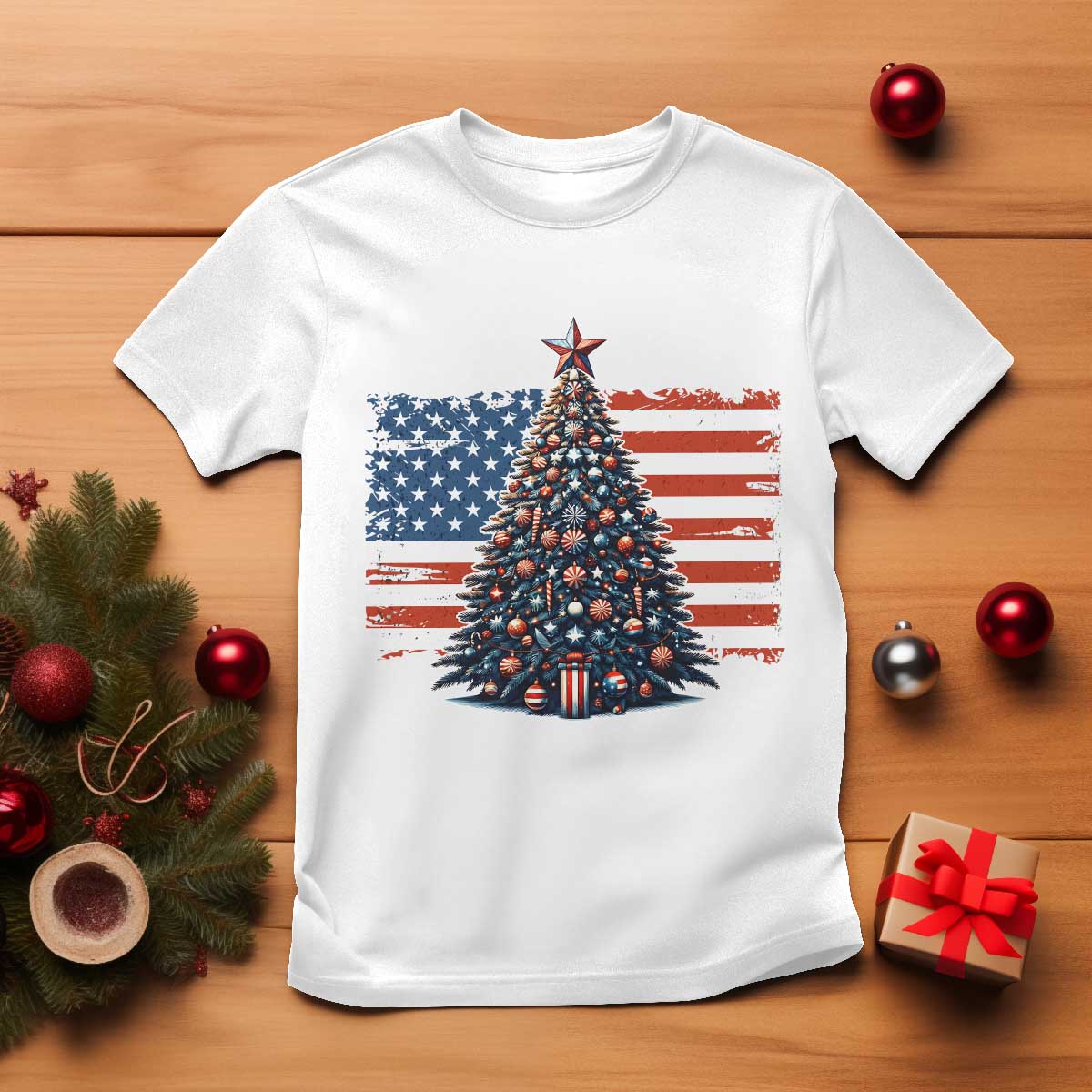 Patriotic American Flag Christmas T Shirt - Wonder Print Shop
