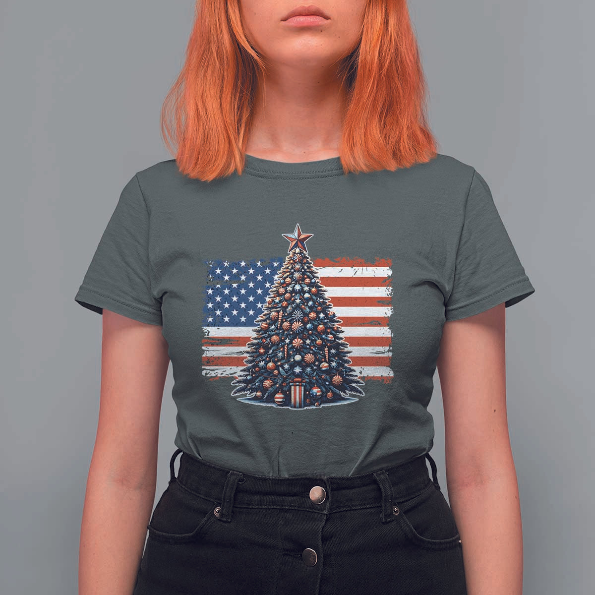 Patriotic American Flag Christmas T Shirt For Women - Wonder Print Shop