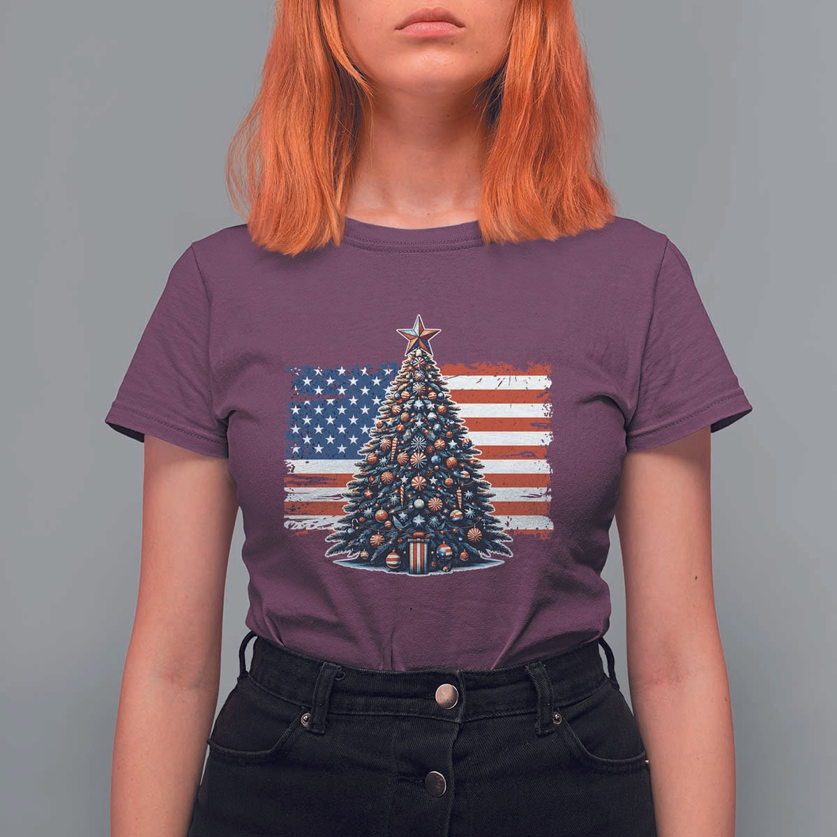 Patriotic American Flag Christmas T Shirt For Women - Wonder Print Shop