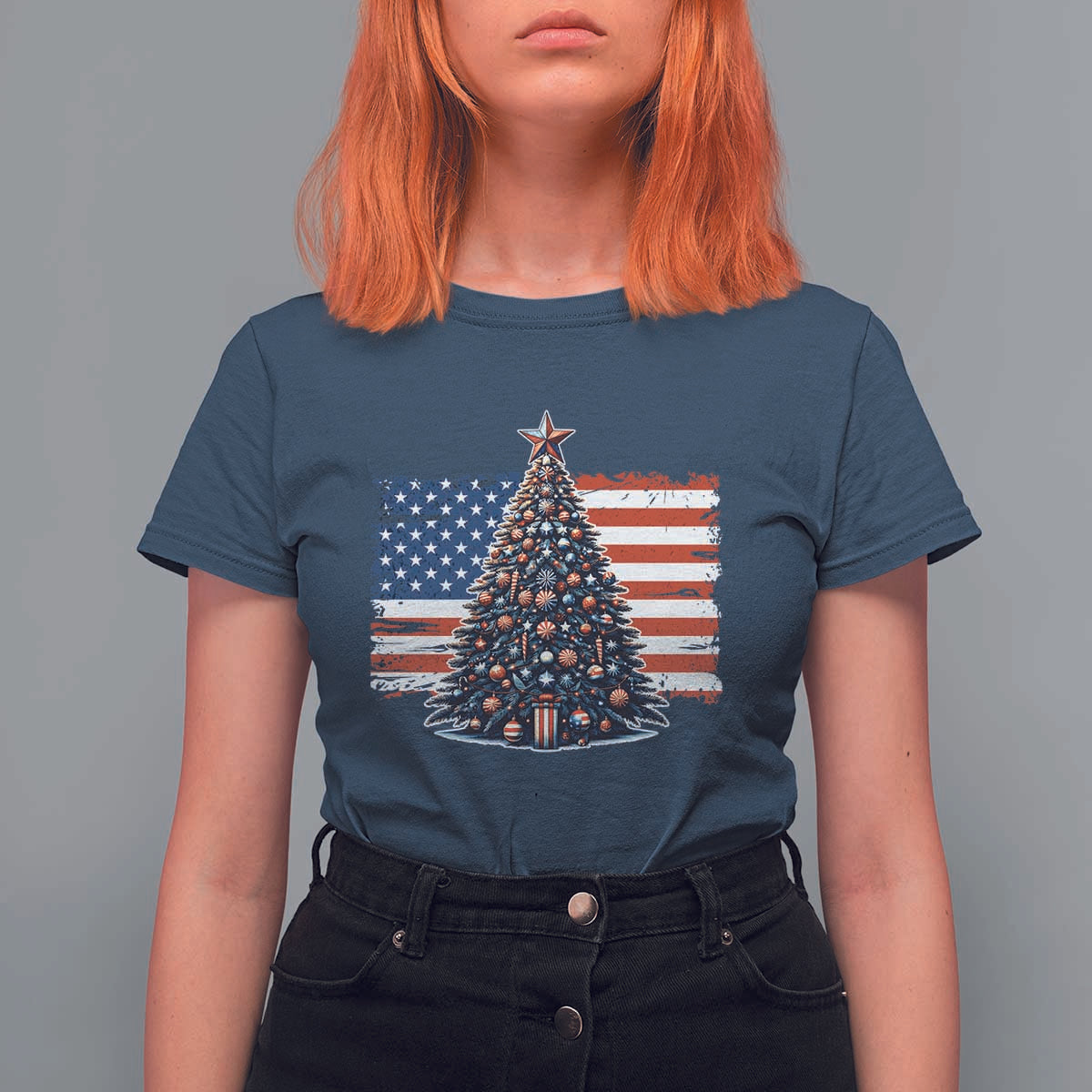 Patriotic American Flag Christmas T Shirt For Women - Wonder Print Shop