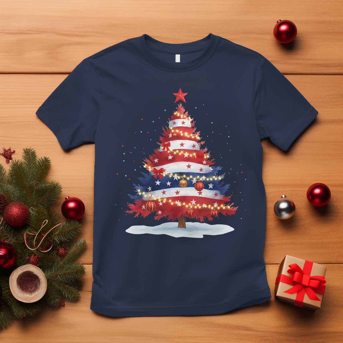 Christmas Tree American Flag Patriotic T Shirt - Wonder Print Shop