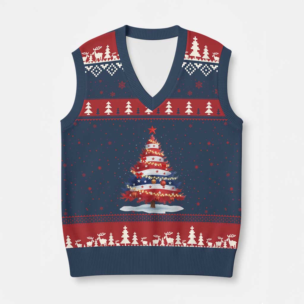 Xmas Tree American Flag Patriotic V-Neck Knit Sweater Vest - Wonder Print Shop