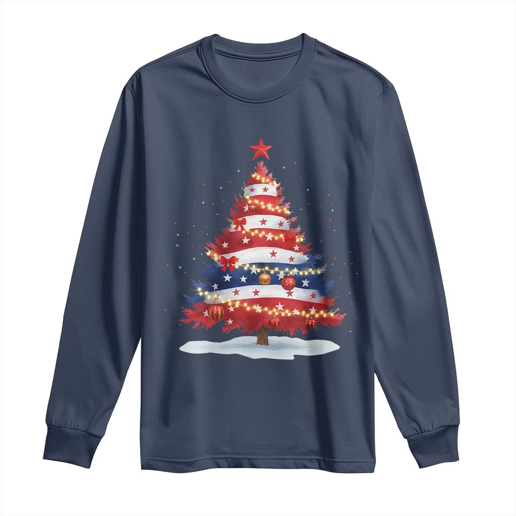 Christmas Tree American Flag Patriotic Long Sleeve Shirt - Wonder Print Shop
