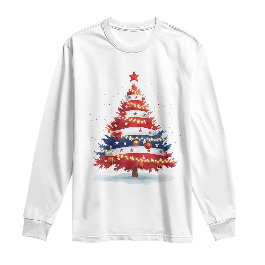 Christmas Tree American Flag Patriotic Long Sleeve Shirt - Wonder Print Shop