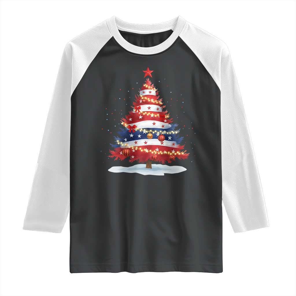 Christmas Tree American Flag Patriotic Raglan Shirt - Wonder Print Shop