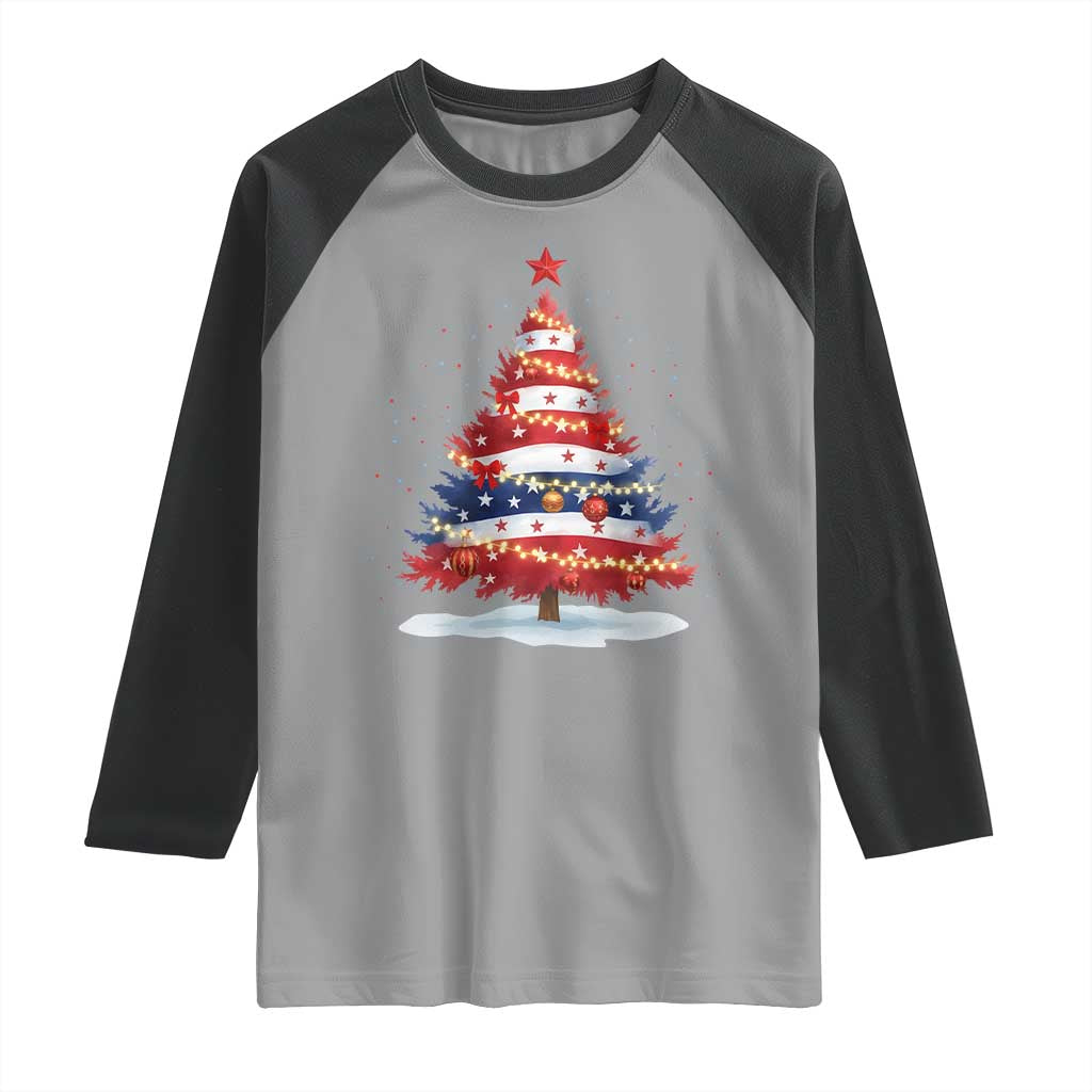 Christmas Tree American Flag Patriotic Raglan Shirt - Wonder Print Shop