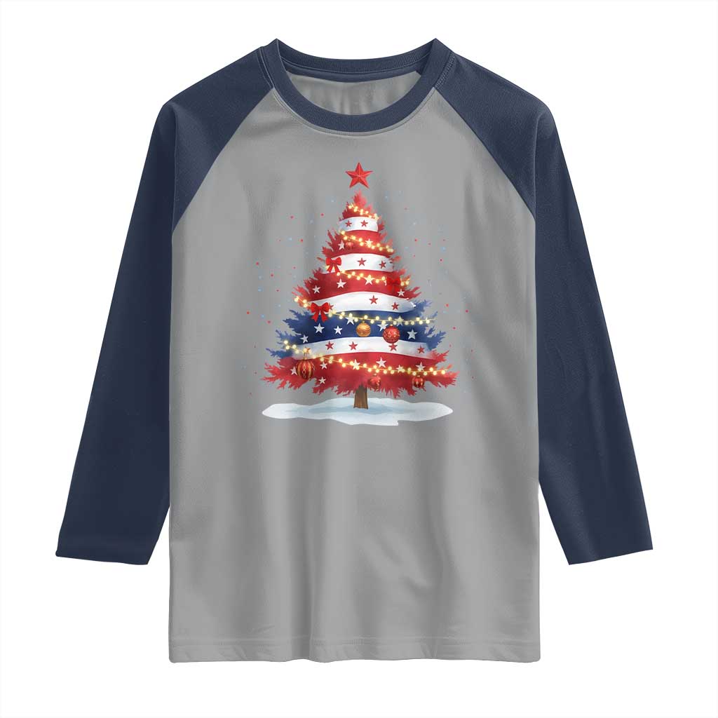 Christmas Tree American Flag Patriotic Raglan Shirt - Wonder Print Shop
