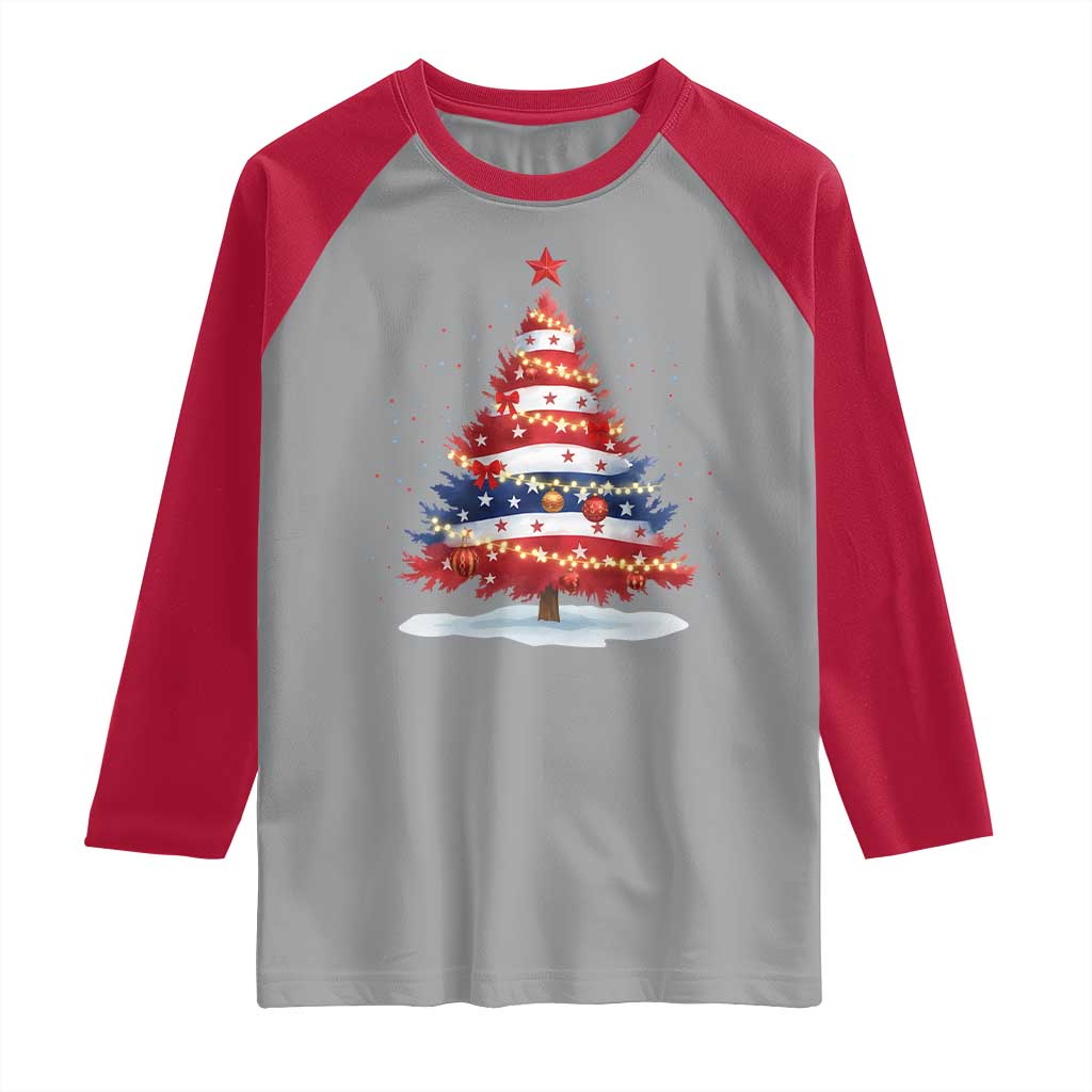 Christmas Tree American Flag Patriotic Raglan Shirt - Wonder Print Shop