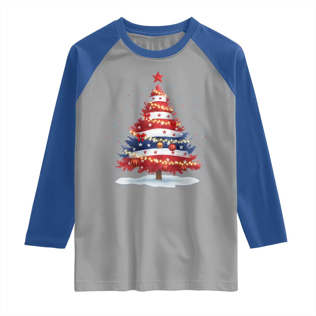Christmas Tree American Flag Patriotic Raglan Shirt - Wonder Print Shop